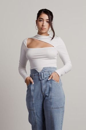 White Top - Side Ruched Cutout Top - Long Sleeve Top