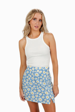 Pastel Blue Floral Print Wrap Front Mini Skirt