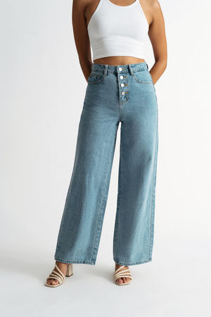 Medium Wash High Waisted Buttoned Jeans - Wide Leg Blue Jeans