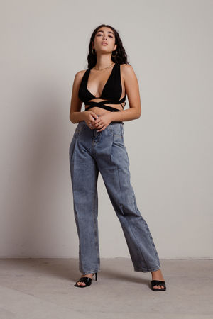 Blue Pants - Cropped Wide Leg Pants - Navy Front Zipper Closure Pants