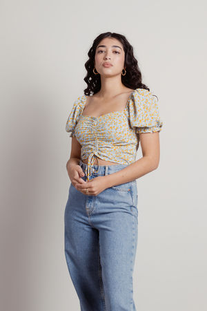 Mint & Yellow Floral Crop Top - Green Ruched Crop Top - Puff Sleeve ...