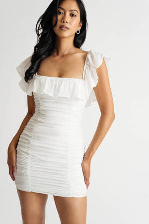 Althea Off White Ruffled Ruched Bodycon Mini Dress - $37