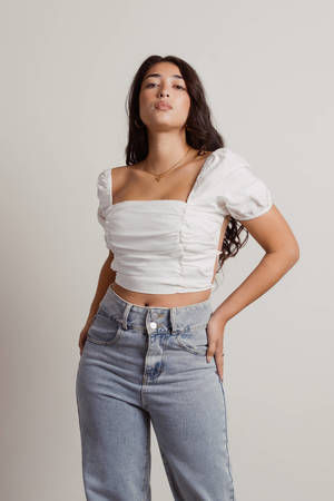 White Crop Top - Puff Sleeve Crop Top - Lace Up Crop Top With Open Back