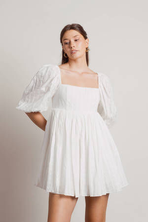 White Mini Dress - Babydoll Dress - Puff Sleeve Dress