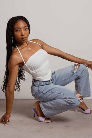 White Crop Top - Square Neck Halter Crop Top - Runched Crop Top