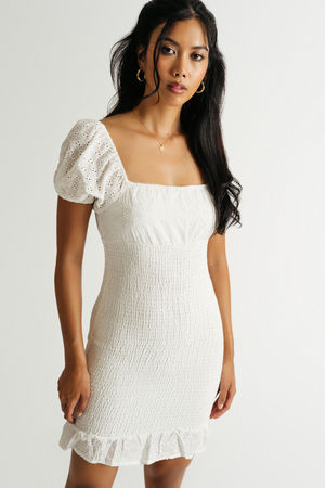 White Mini Dress - Smocked Skater Dress - Tiered Lace Dress - Lulus