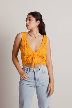 Crochet crop top with round neck - Beige Orange