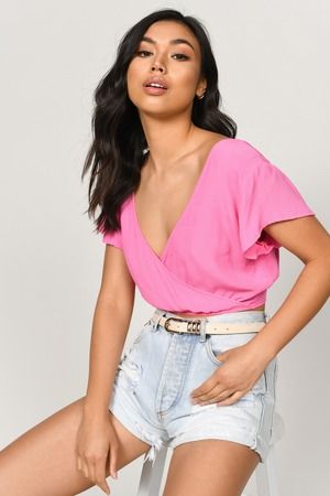 Neon Pink Blouse - Surplice Top - Neon Pink Back Tie Top