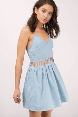 Blue Mini Dress - Sweetheart Neck Skater Dress - Jasmina Crochet Lace Dress