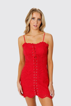 Red Sexy Mini Dress - Eyelet Bodycon Dress - Embroidered Dress