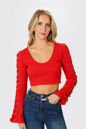 Red Lace Up Back Long Sleeve Crop Top, Tops