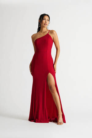 Maggie Red Glitter One Shoulder Slit Dress $82 | Tobi