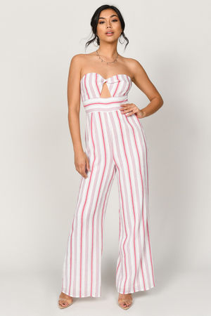 White & Red Jumpsuit - Strapless Striped Jumpsuit - Cut Out Wide Leg ...