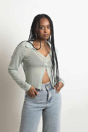 Green Contrast Top - Sheer Mesh Top - Exposed Stitch Top