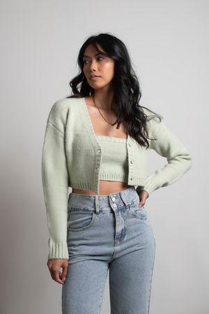 Green Cardigan Set - Front Button Sweater Top - Sage Cropped