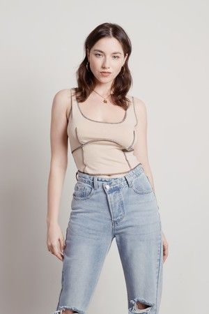 Cute Sand Crop Top - Exposed Stitch Top - Fitted Top