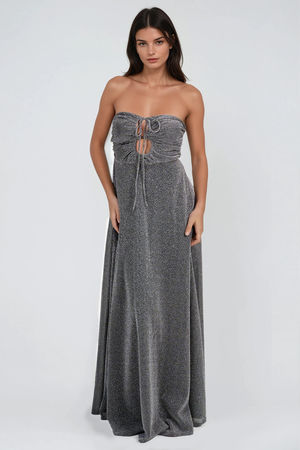 Silver Maxi Dress - Side Slit Long Dress - Sweetheart Neckline Dress