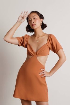 Flirty Arrival Rust Orange Ribbed Drawstring Bodycon Mini Dress