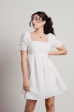 Got My Love White Puff Sleeve Eyelet Babydoll Dress - $104 | Tobi US