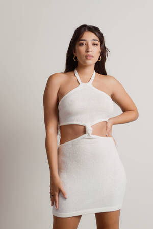Augusteen Halter Neck Cut Out Waist Cable Knit Mini Dress In White