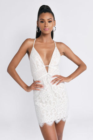 Eyelash lace overlay outlet plunge neck bodycon dress