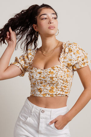 White Top - Floral Print Smocked Top - Puff Sleeve Top
