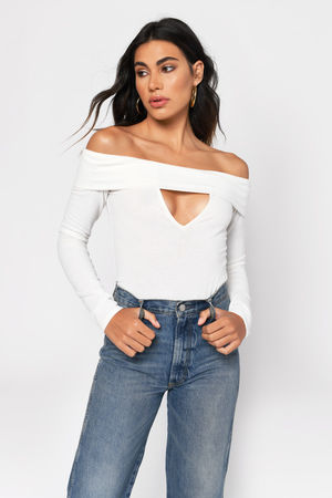 White Top - Off Shoulder Top - White Keyhole Long Sleeve Top