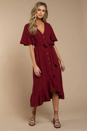 Burgundy Wrap-Style Buttoned Midi Dress main image 0