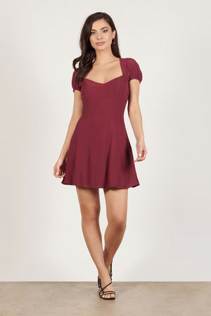 Red Mini Dress - Sweetheart Neck Skater Dress - Wine Puff Cap Sleeve Dress