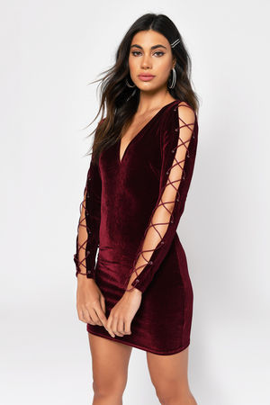 Black Bodycon Dress - Velvet V-Neck Dress - Lace Sleeve Dress