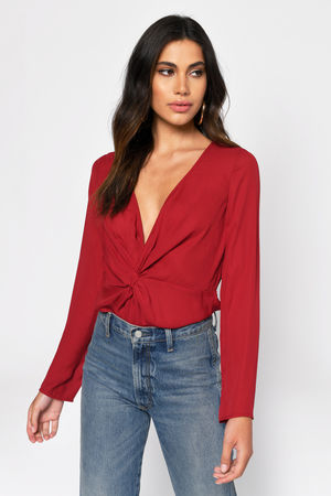 Cute Wine Blouse - V Neck Blouse - Wine Front Knot Top
