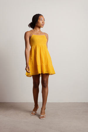 Yellow Mini Dress Dot Smocked Dress - Tie Skater Dress