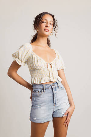 Tie Front Puff Sleeve Top White