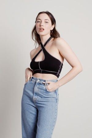 Stradivarius Cross Neck Halter Top in Black