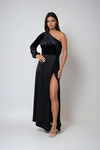 Bejeweled Velvet One Shoulder Maxi Dress - Black
