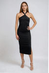 Bold Impact Halter Slit Midi Dress - Black