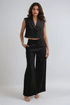 Casual Luxe Collared Top and Wide Leg Pants Set - Black