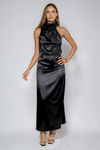 Charm On Draped Satin Midi Dress - Black