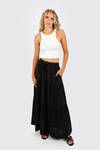 Denarie Black Tiered Drawstring Waist Maxi Skirt