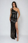 Celestial Shine One Shoulder Metallic Maxi Dress - Black/Gold