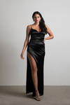 Heartbreaker Black Satin Sweetheart High Slit Maxi Dress