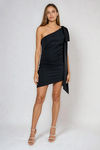 Moonlight Glow One Shoulder Bow Mini Dress - Black