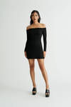 Nicki Black Off Shoulder Lettuce Trim Bodycon Mini Dress