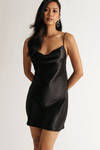 Not This Time Black Satin Cowl Tie Back Mini Dress