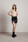 Oia Black Satin Floral Jacquard Slit Bodycon Mini Skirt