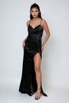 Radiant Allure Satin Ruched Maxi Dress - Black