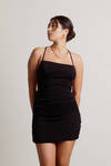 Slip Off Black Side Ruched Open Back Bodycon Mini Dress