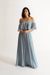 Free Spirited Pleated Off The Shoulder Maxi Dress - Blue