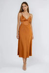 Soft Tease Lace Up Satin Midi Dress - Brown