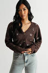 Sweet Girl Brown Floral Embroidered Cropped Cardigan Sweater